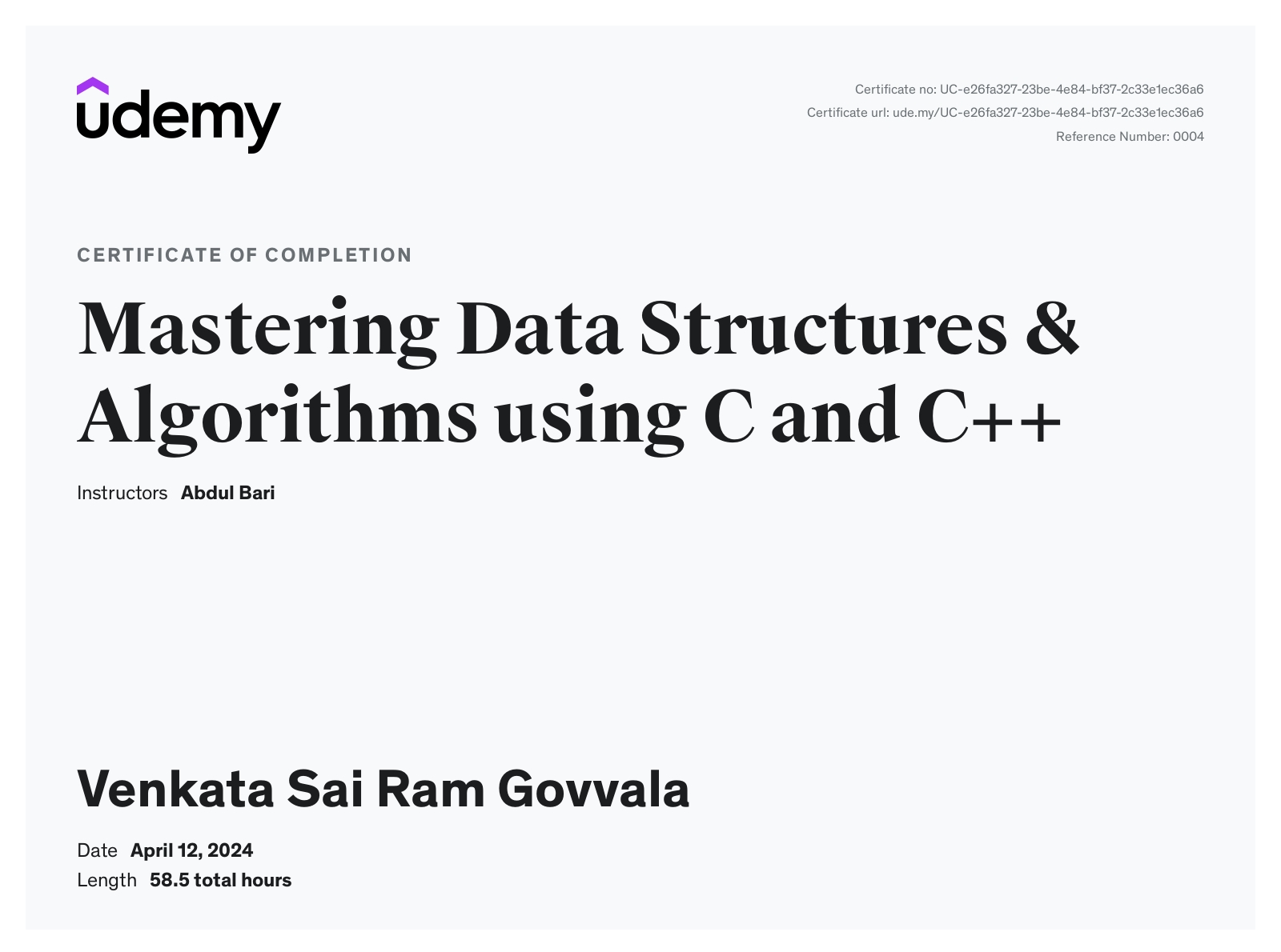 Data Structures & Algorithms Certificate